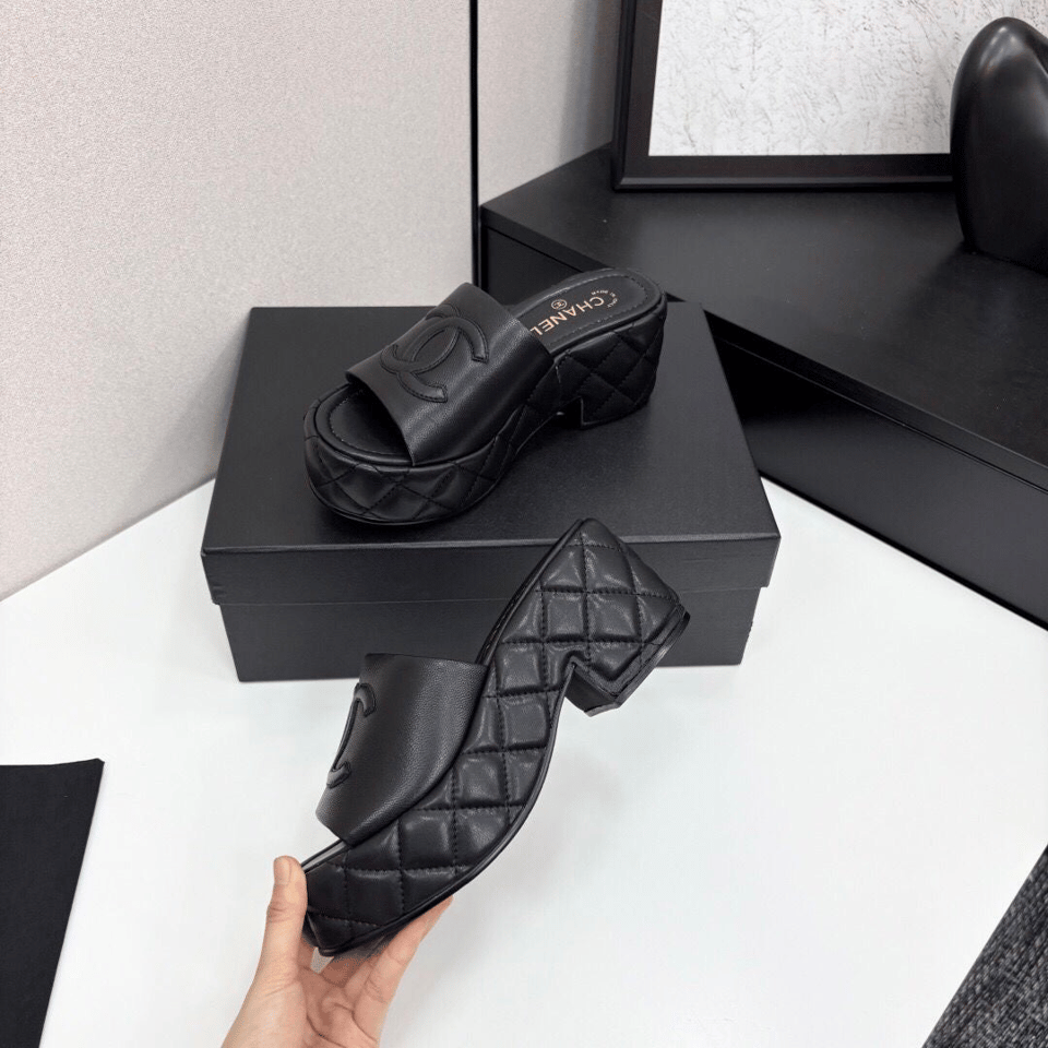 Chanel CC Embossed Logo High Heel Mules in Black Quilted Calfskin view 5