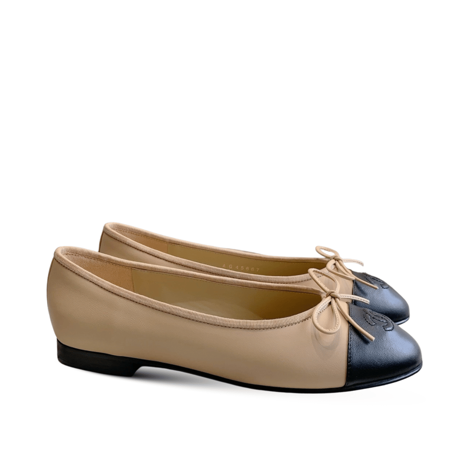 Chanel Cambon Leather Ballet Flats Beige For Women