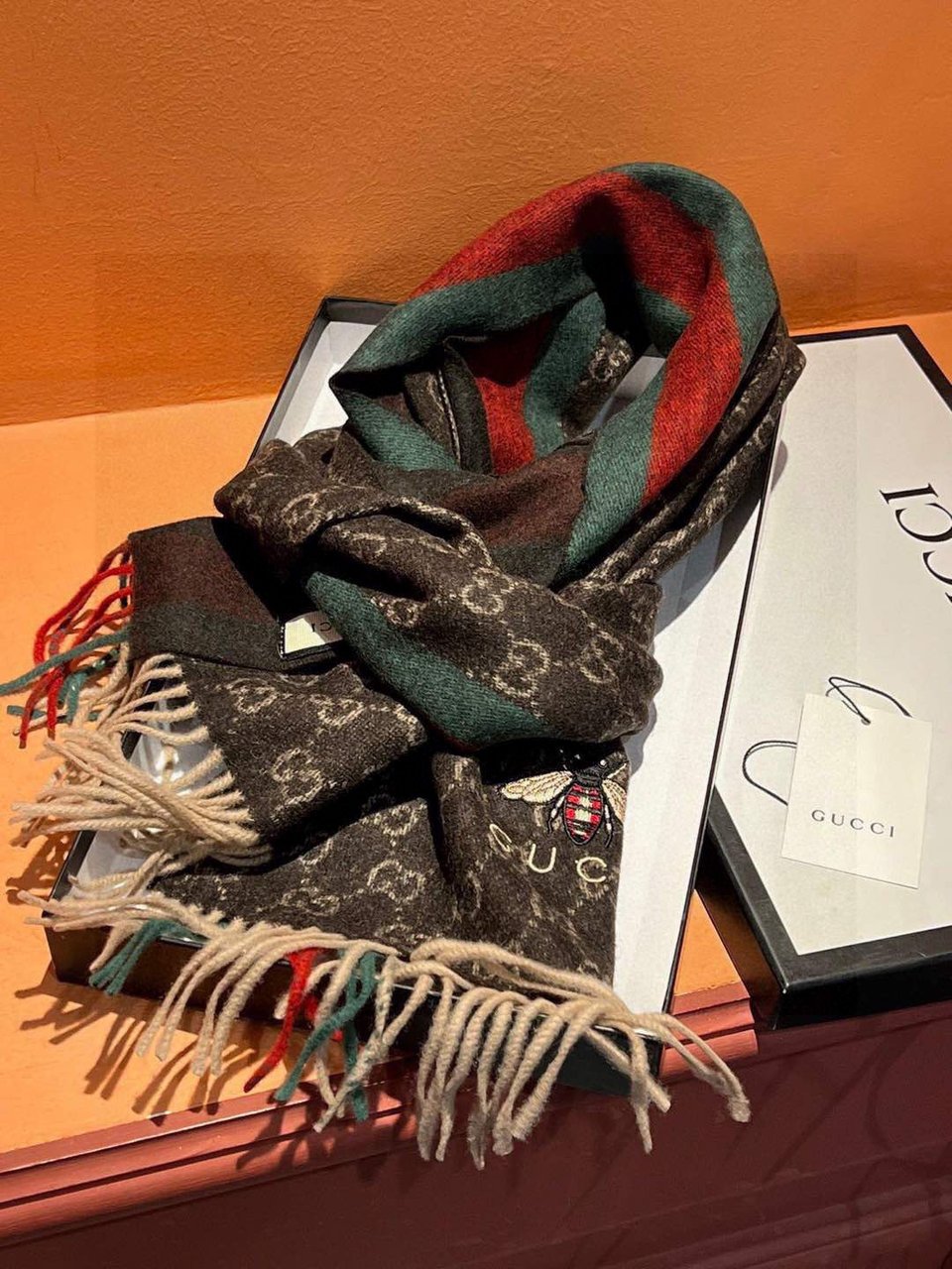 Gucci Cashmere Scarf Stripe Brown Green For Women 190cm view 2