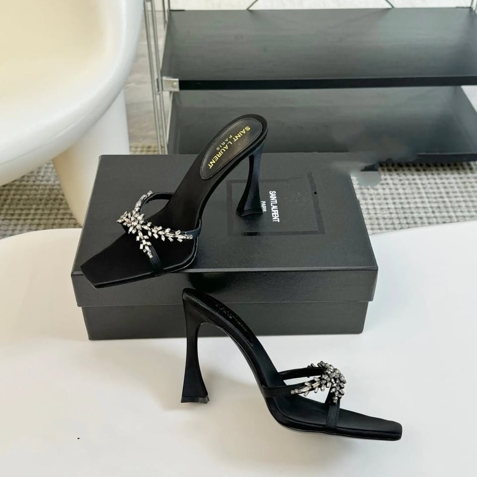Saint Laurent Liz Mules In Satin And Rhinestones Black view 4