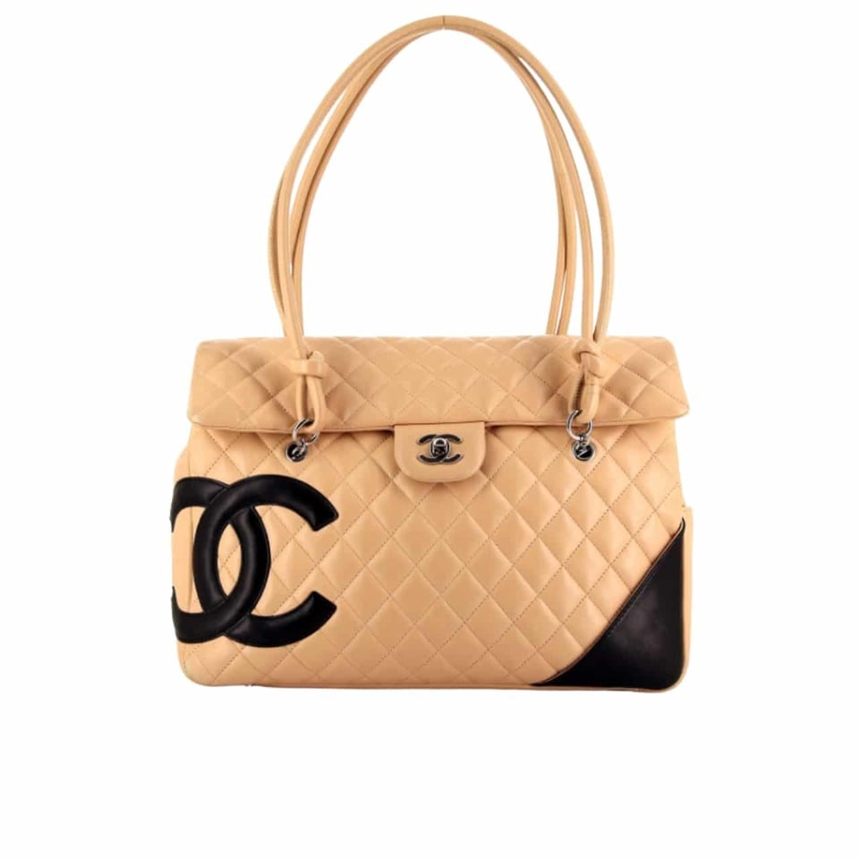 Chanel Cambon Shopping Bag Quilted Leather In Beige And Black 36Cm view 2