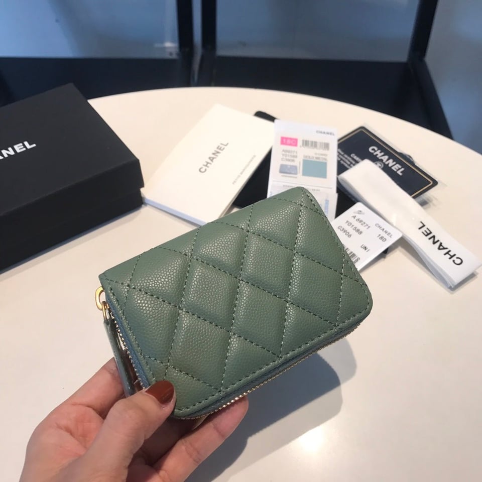 Chanel Zipped Coin Basic Purse 11 Turquoise Calfskin Gold Icon view 6