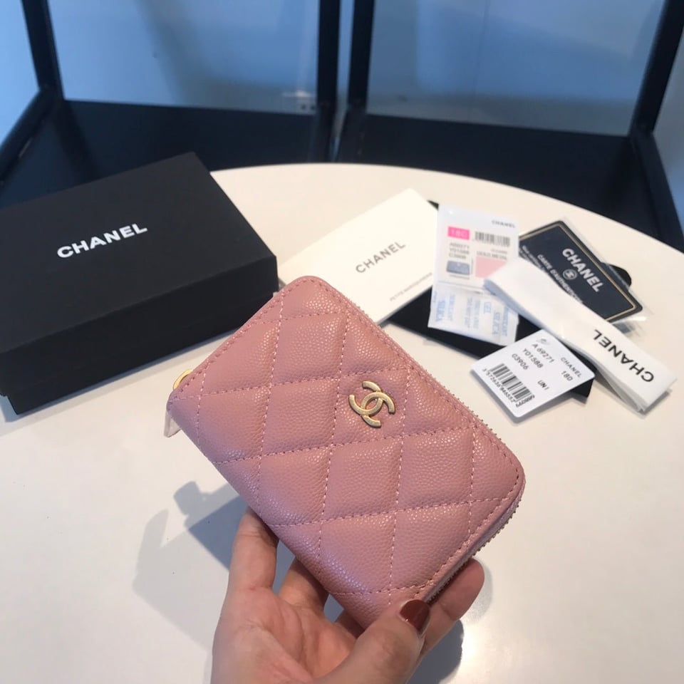 Chanel Zipped Coin Basic Purse 11 Peach Calfskin Gold Icon view 3