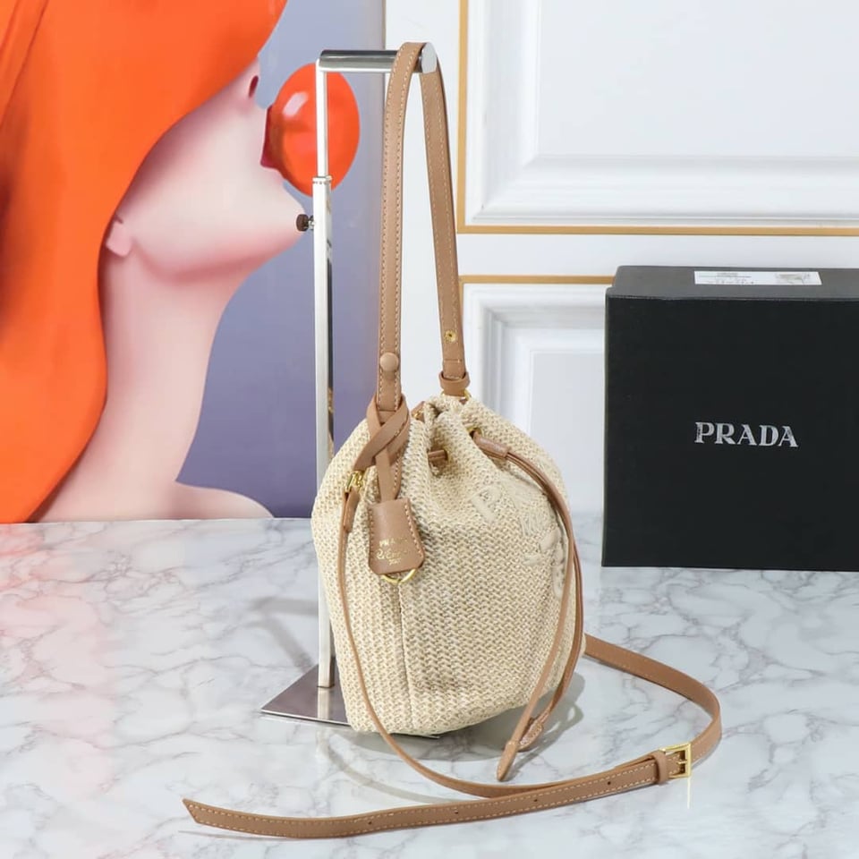 Prada Crochet And Leather Bucket Bag Natural 24Cm view 9