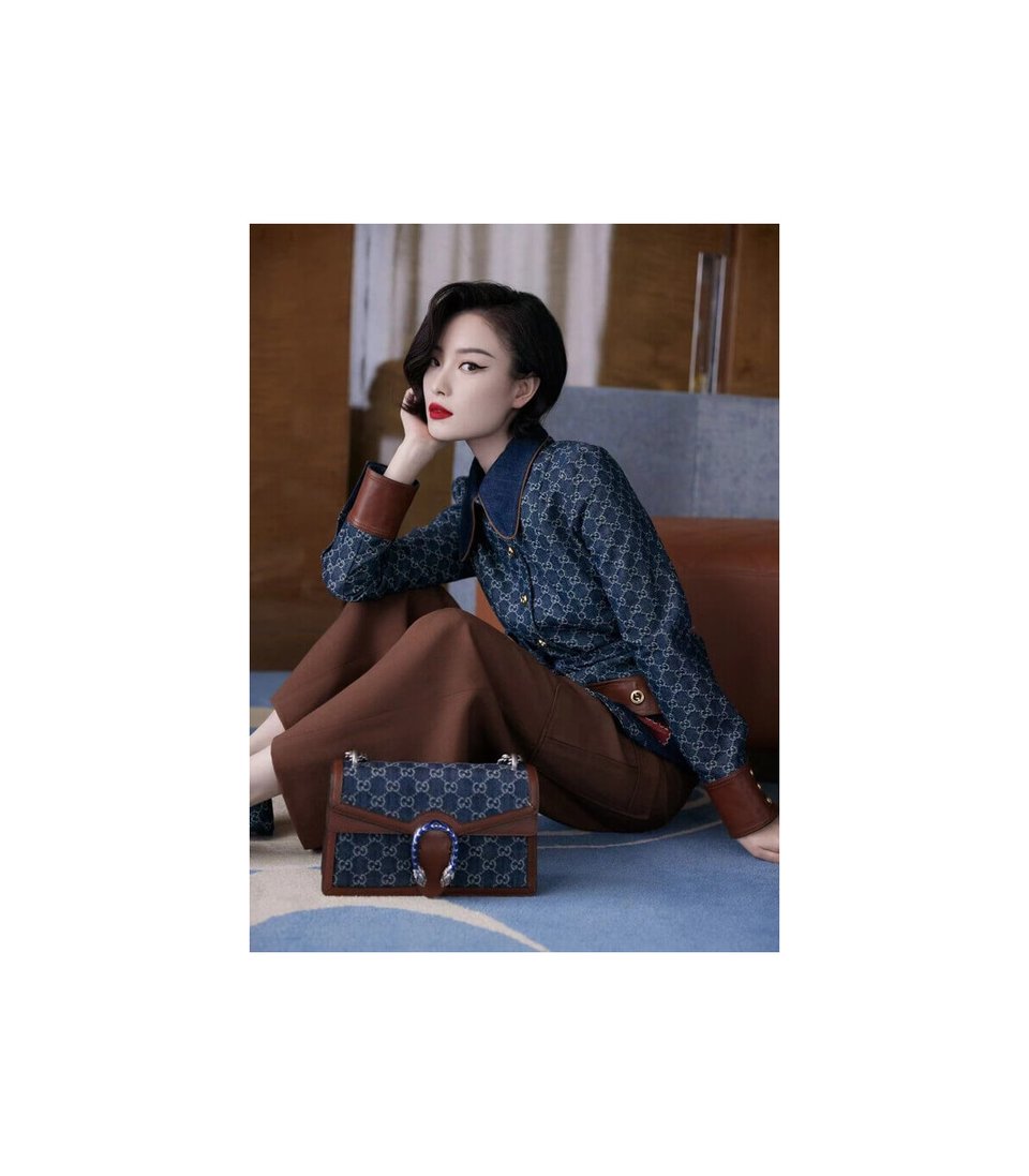 Gucci Small Dionysus Shoulder Bag in Blue Jacquard Denim 28cm view 3