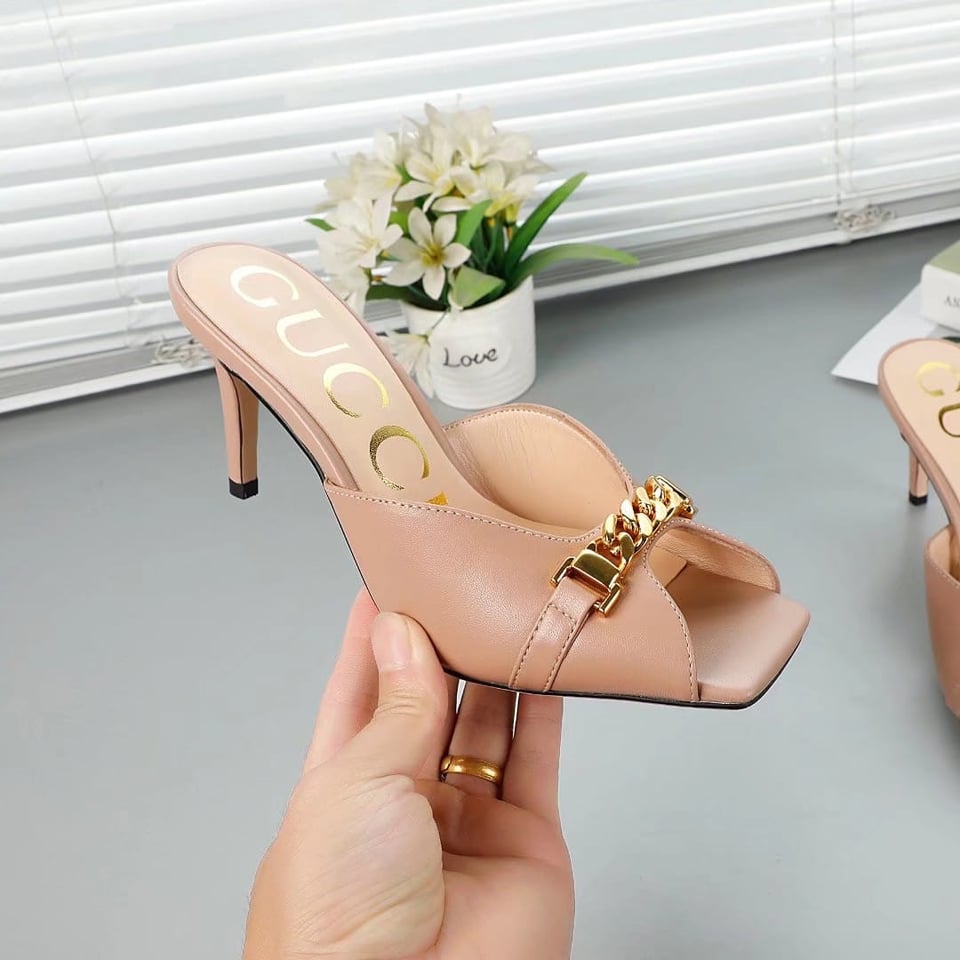 Gucci Chain Stiletto Heels Flip Flop Fish Mouth Mule Sandals Patel Pink view 3