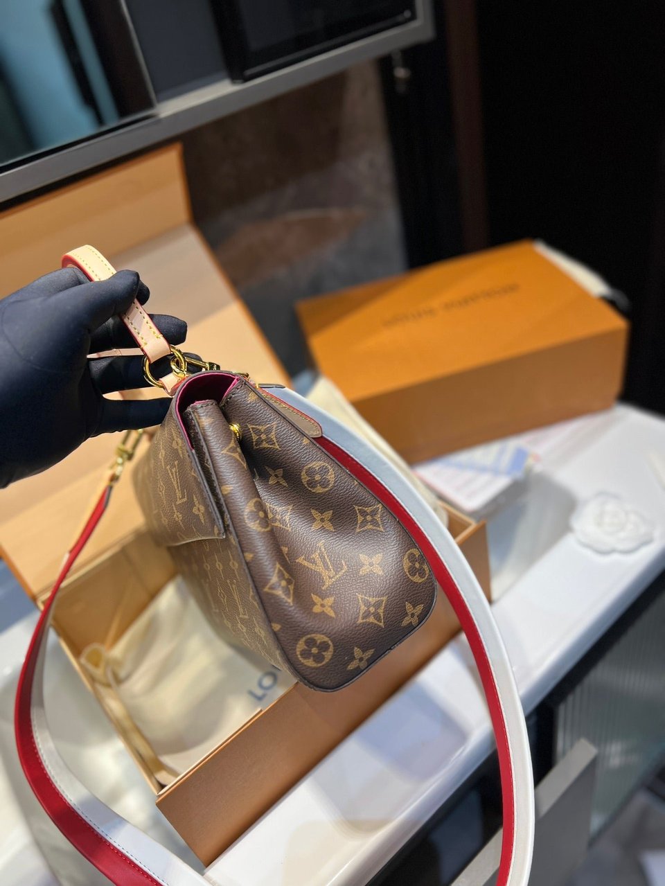 Louis Vuitton Cluny Brown Beige And Red Strap 25Cm view 10
