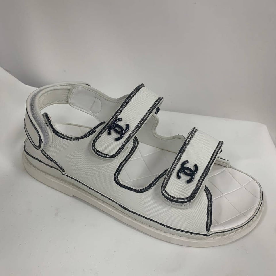 Chanel Calfskin Printed Velcro Dad Sandals White Black view 3