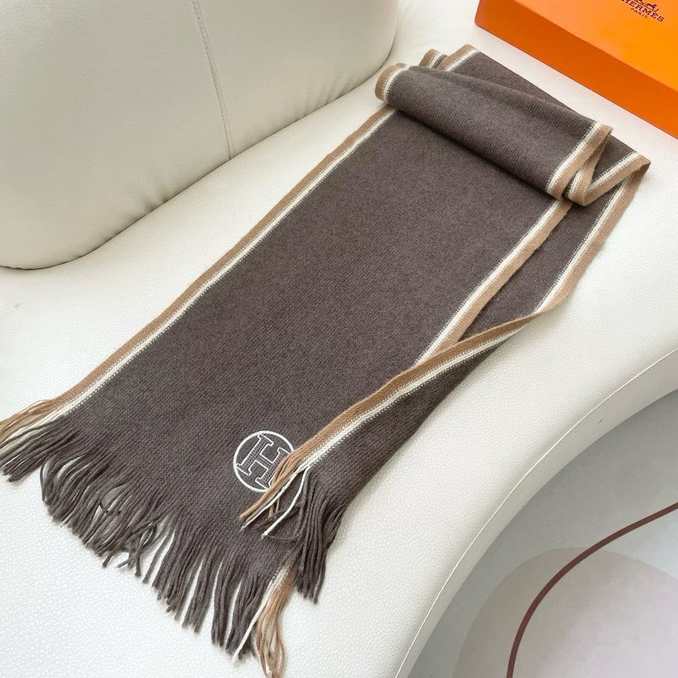 Hermes Cashmere Scarf H-Motif Brown For Women 180cm view 5