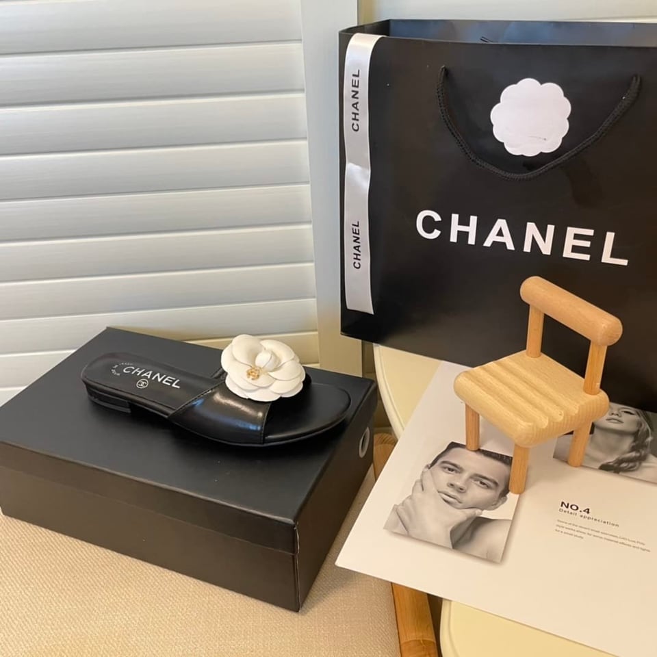 Chanel White Camellia Slides Black view 6