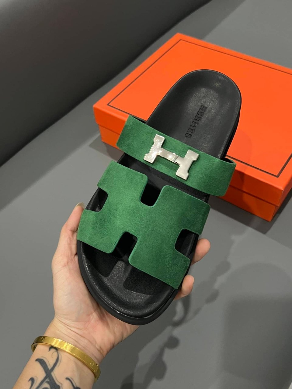 Hermes Chypre Sandal Suede H Logo Silver Hardware Green view 9