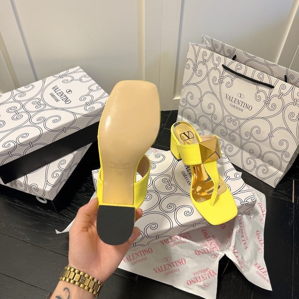 Valentino One Stud Metallic Nappa Flat Middle Heel Yellow Thong Sandal view 6