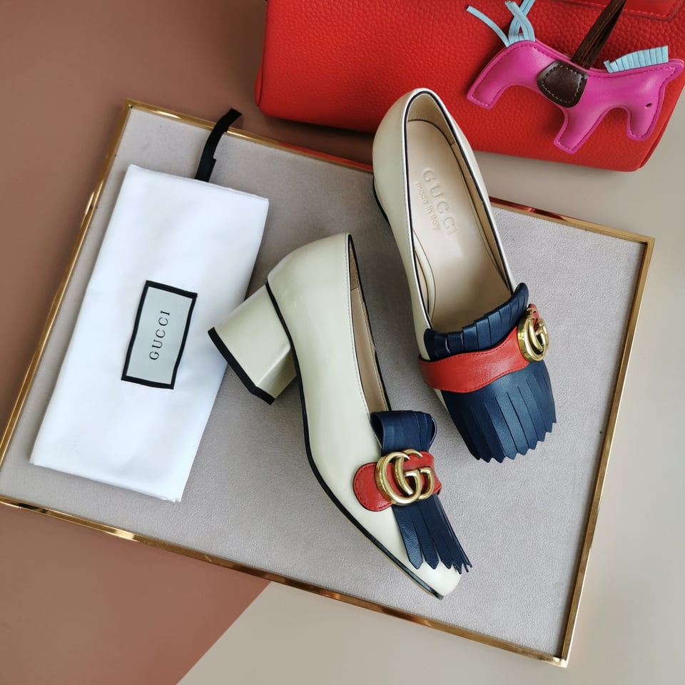 Gucci Wmns White And Blue Leather Mid-Heel Pump view 9