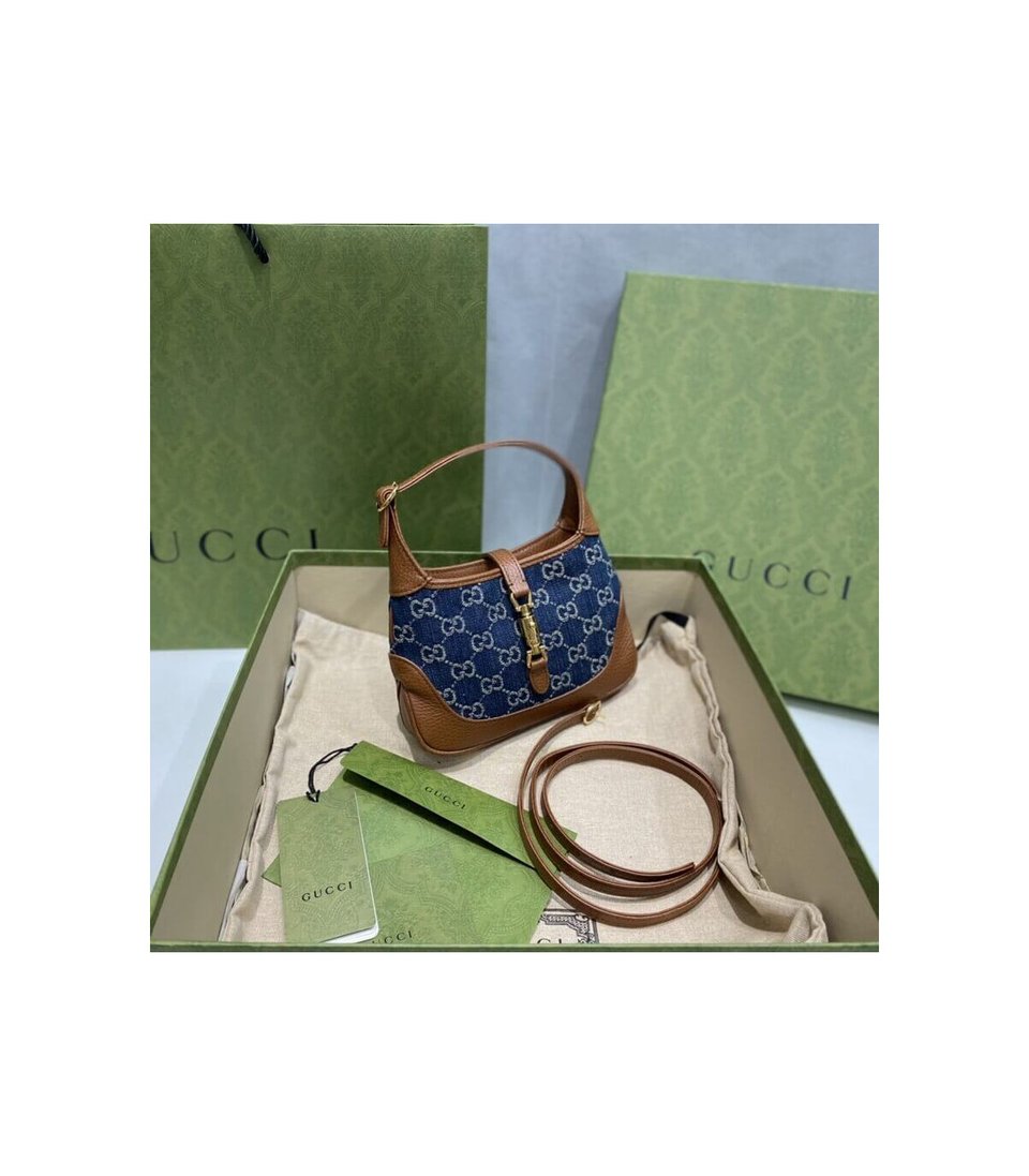 Gucci Jackie 1961 Mini Shoulder Bag in Blue Jacquard Denim 19cm view 8