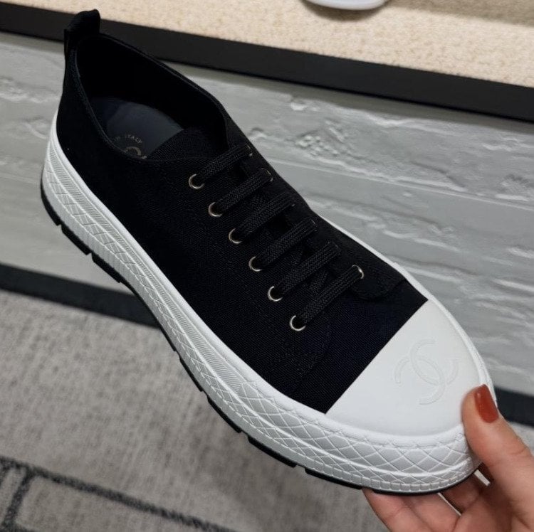 Chanel Canvas Sneakers with Rubber Cap-Toe Black &amp; White G39855 view 2