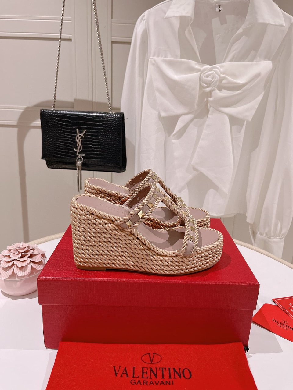 Valentino Rockstud Wedge In Calfskin Beige view 5