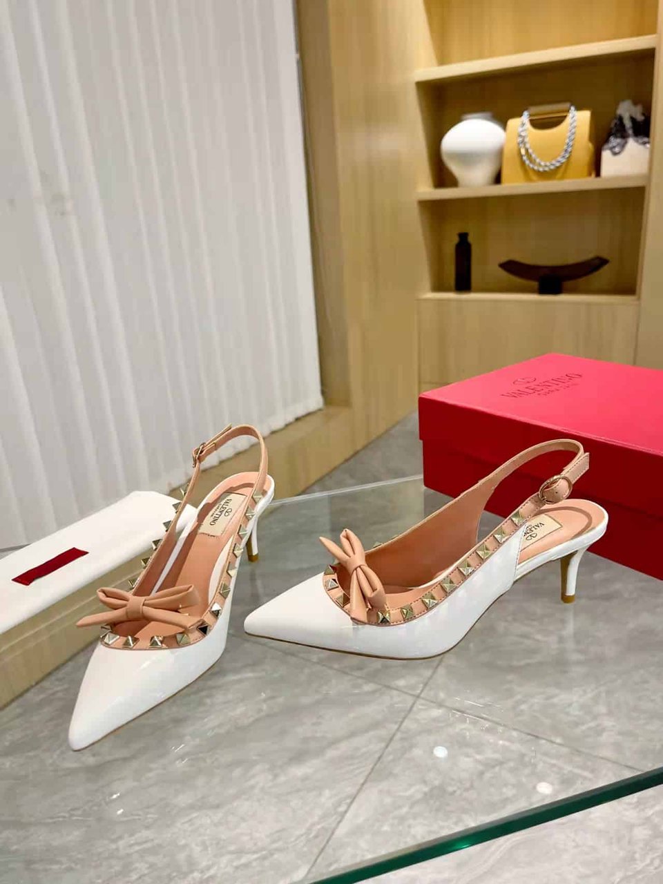 Valentino Rockstud Bow Slingback Pump In Patent Leather With Matching Studs White view 3