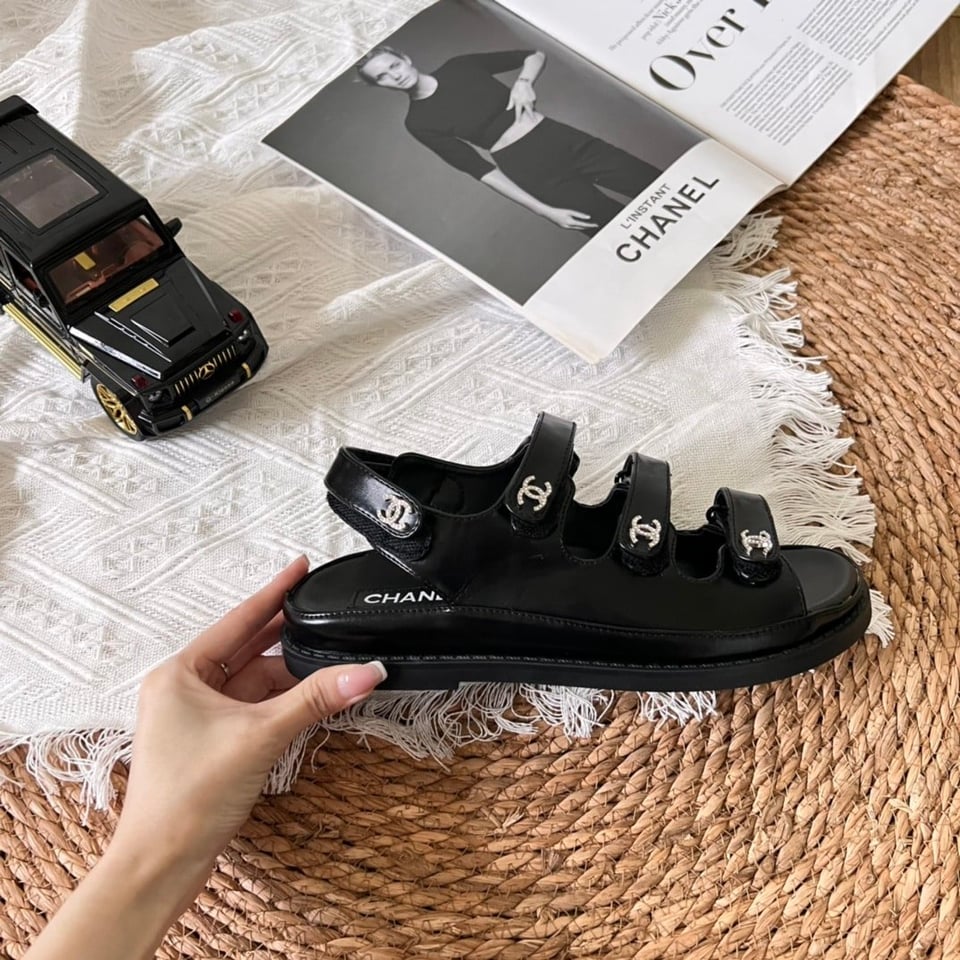 Chanel Triple Velcro Strap Sandals Black G45628 B16403 94305 view 6