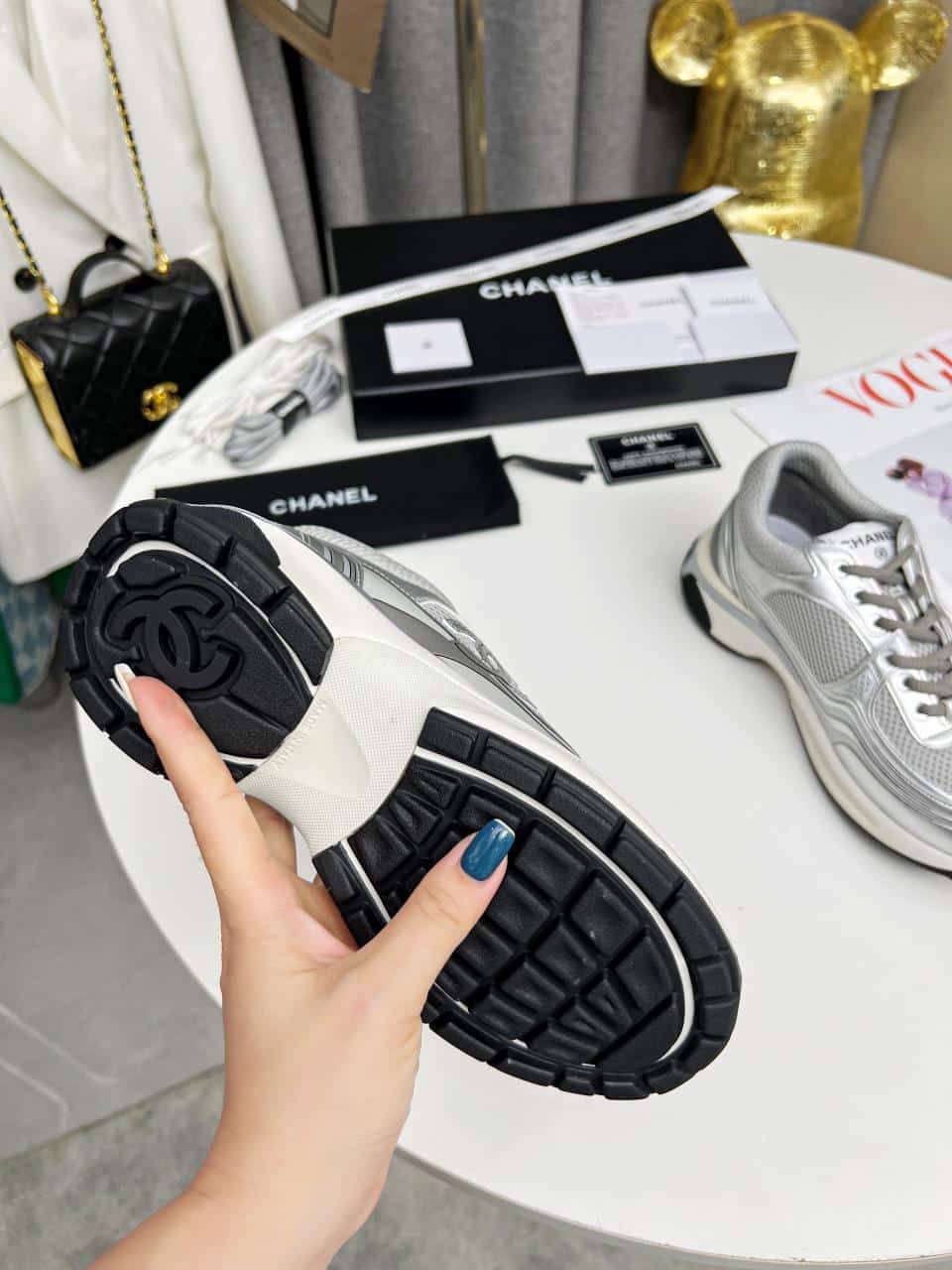 Chanel 23C Silver Metallic Cc Logo Lace Up Flat Runner Trainer Sneaker Gray view 5