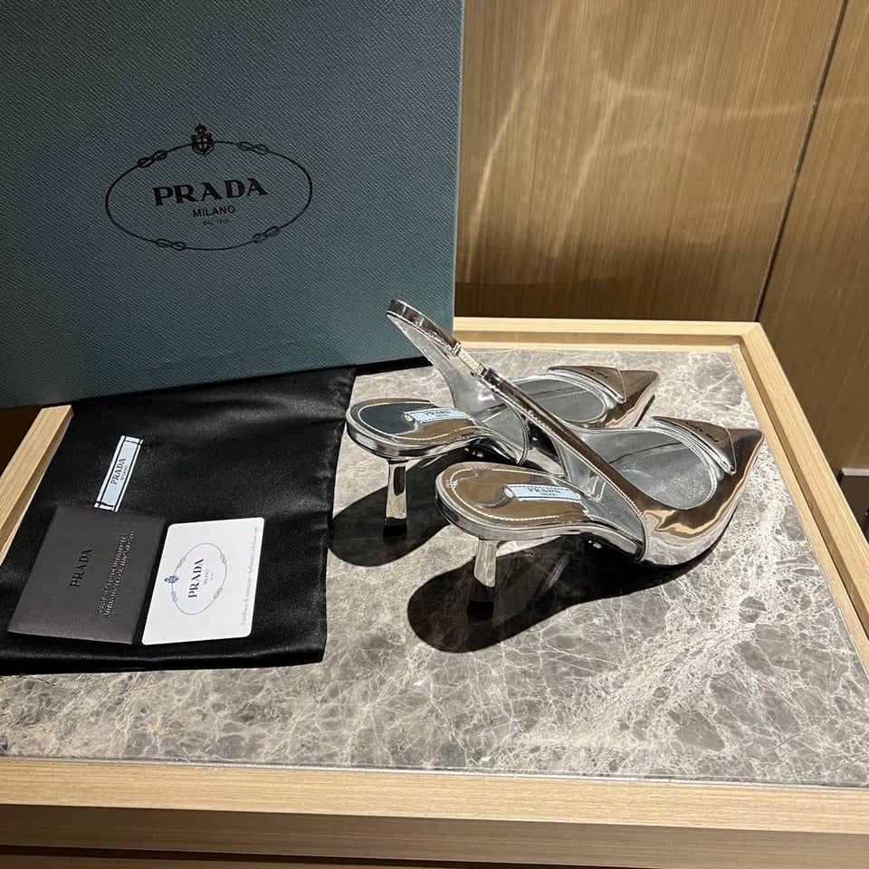 Prada Brushed Leather Slingback Pumps Silver view 6
