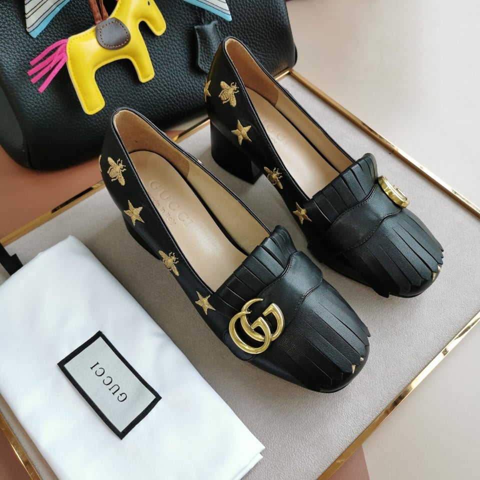 Gucci Embroidered Bee Star Leather Mid-Heel Pump Black view 8