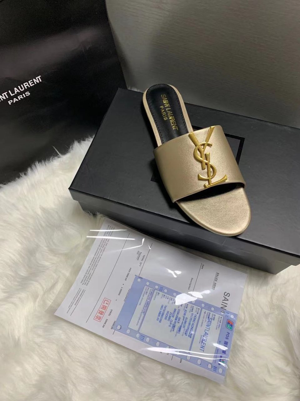 Saint Laurent Logo Slippers Metallic view 3