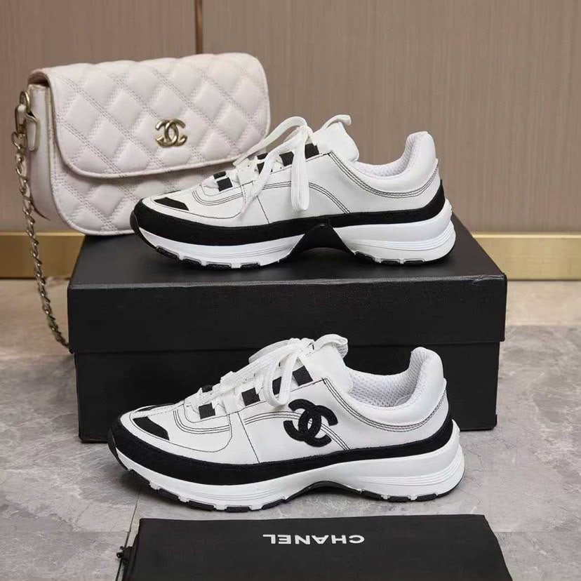 Chanel Lace Up Sneakers White Black view 4