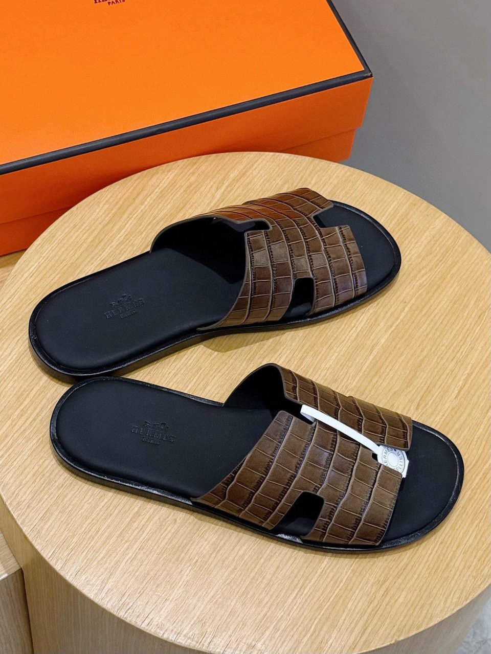Hermès Brown Crocodile Oran Sandals- Shoes for Men view 8
