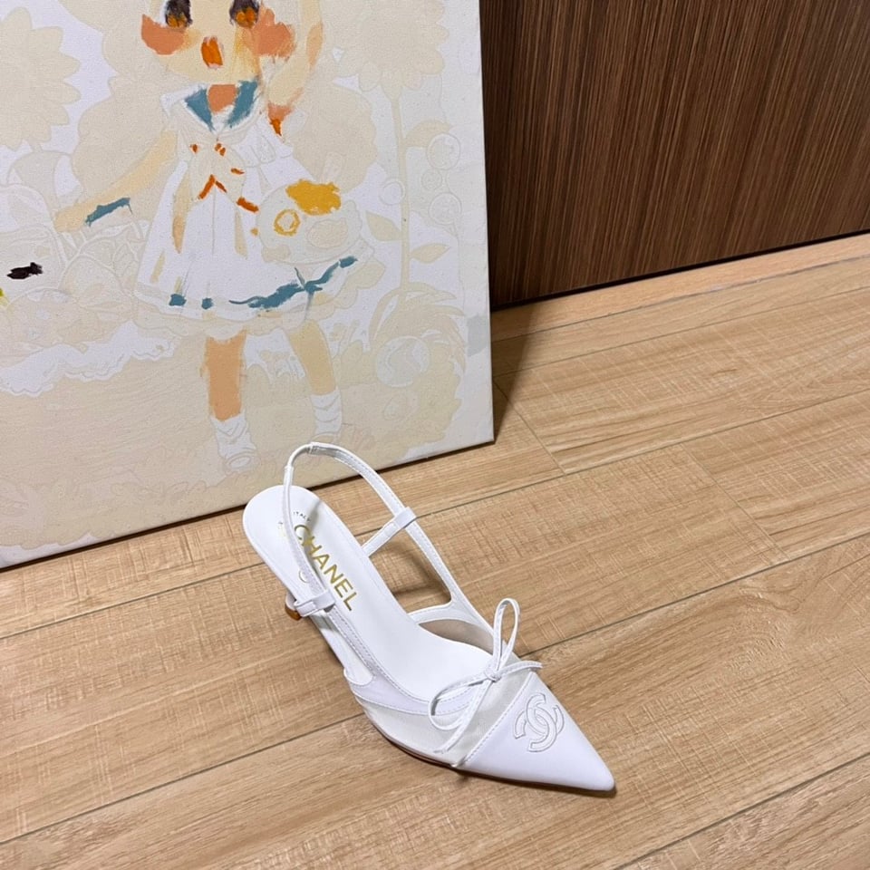 Chanel Cc Leather Pointy Toe Pumps Slingbacks Sandals White view 4