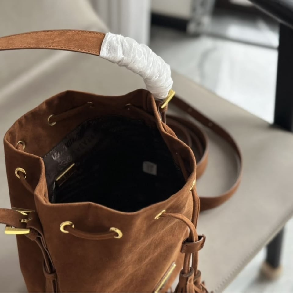 Prada Small Suede Bucket Bag In Brown 20Cm view 5