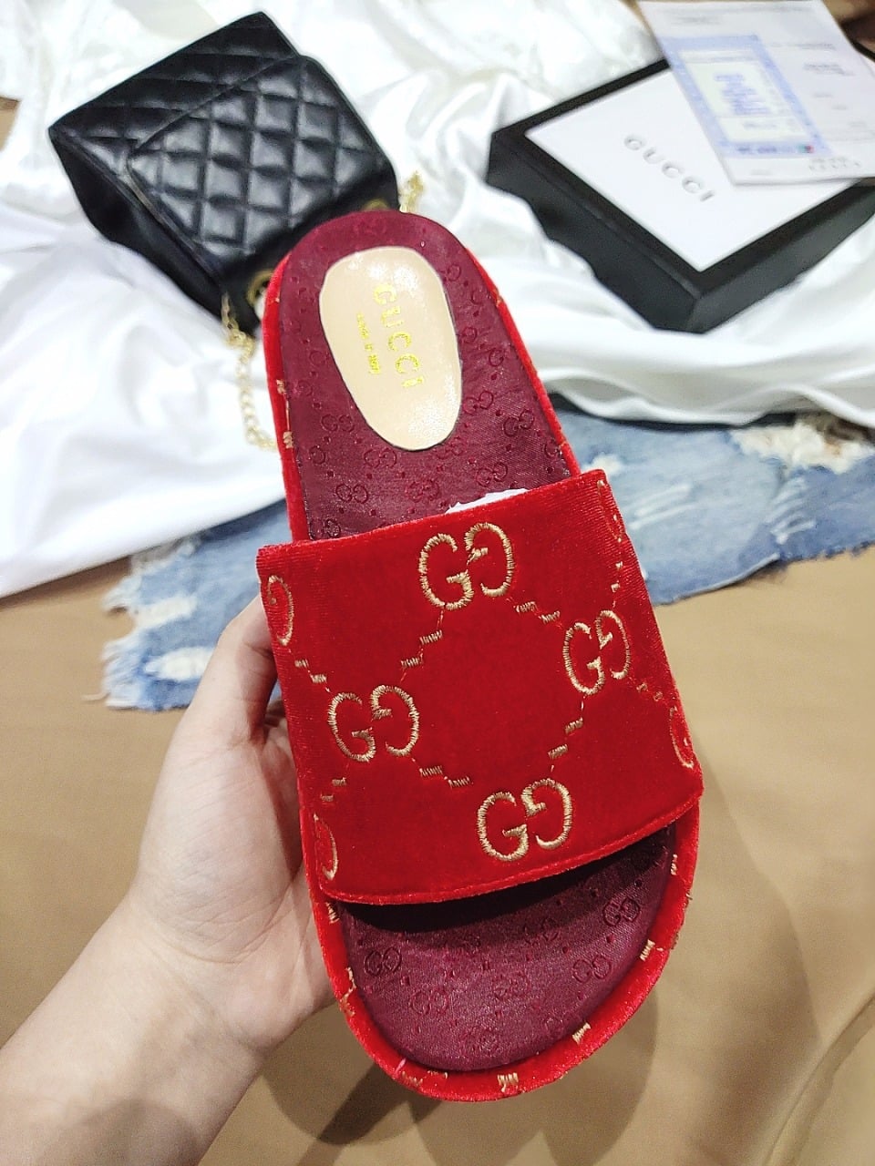 Gucci Women?S With Gg Pattern Slide Sandal Red view 6
