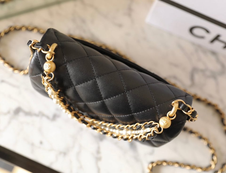 Chanel 24P Mini Flap Bag 17Cm Black Lambskin Pearl Chain view 6