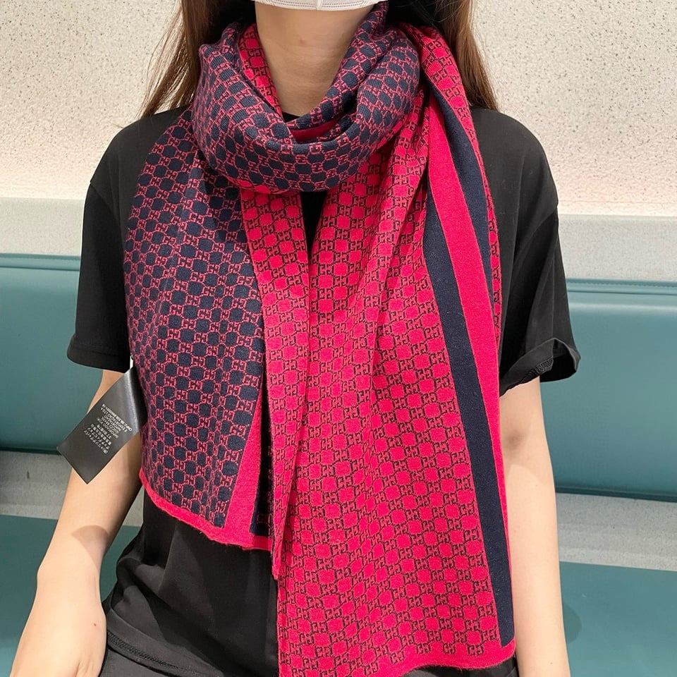 Gucci Cashmere Scarf Pattern Red Navy For Women 180cm view 7