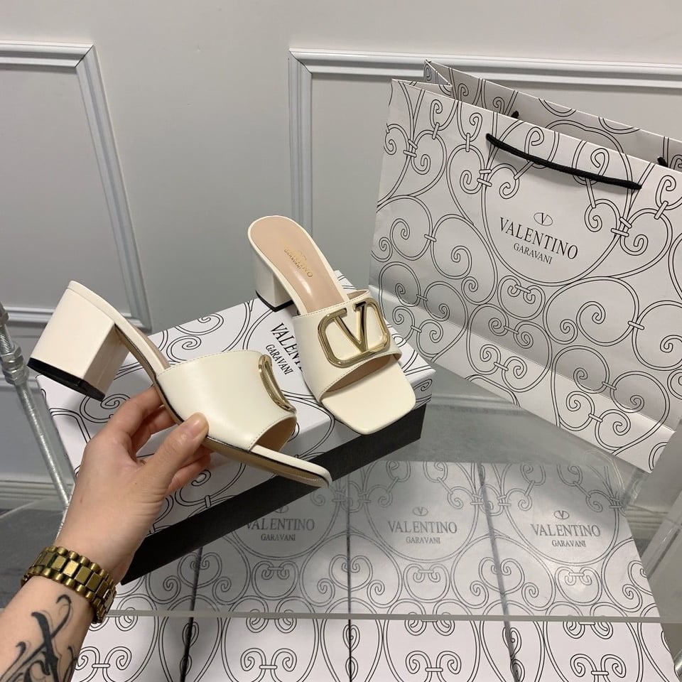 Valentino Vlogo Signature Square Toe Middle Heel White Slide Sandal view 3