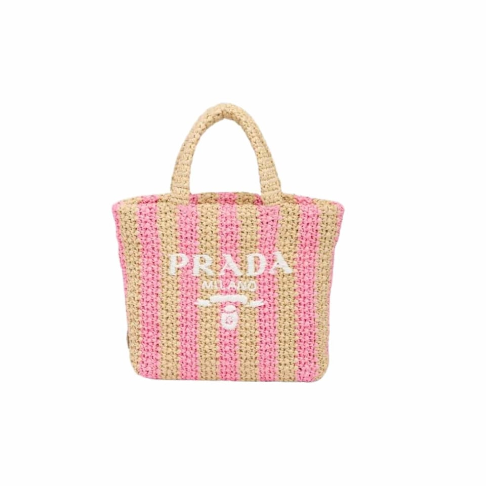 Prada Raffia Tote Bag Tan And Pink view 2