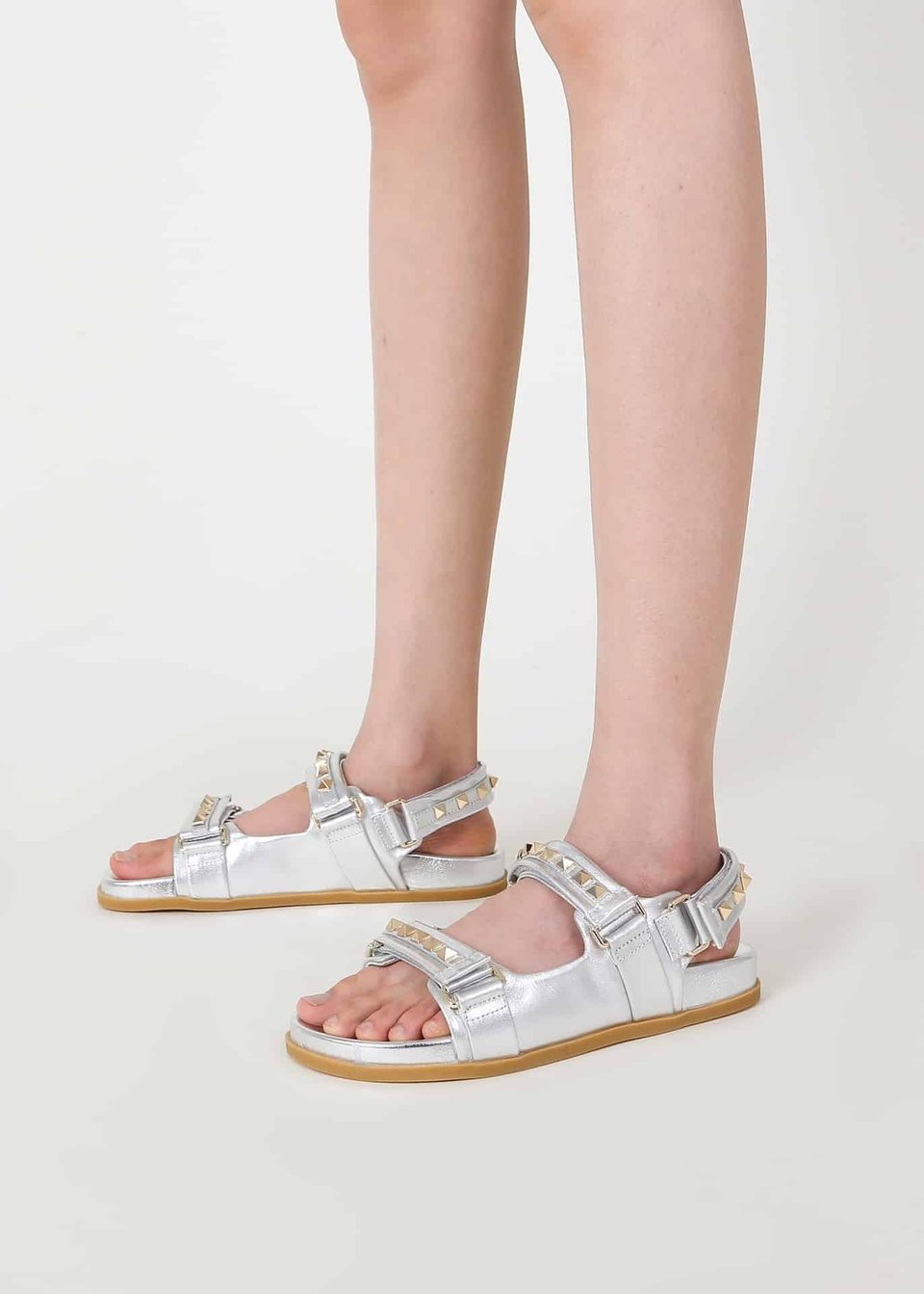Valentino Garavani Rockstud Flat Sandal In Nappa Leather For Woman In Silver view 11