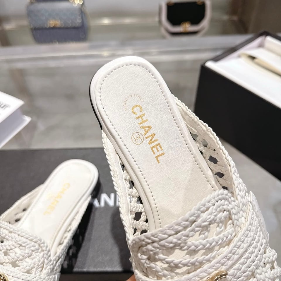 Chanel Braided Woven Raffia Mules with CC Logo White Raffia G39850 view 9