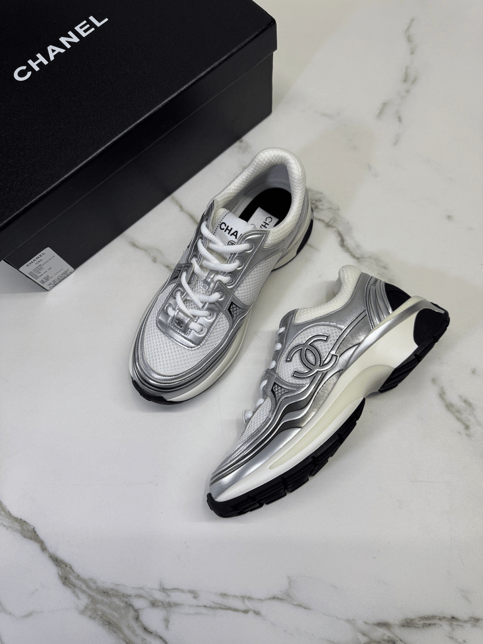 Chanel CC Logo Metallic Mesh Sneakers White/Silver view 3