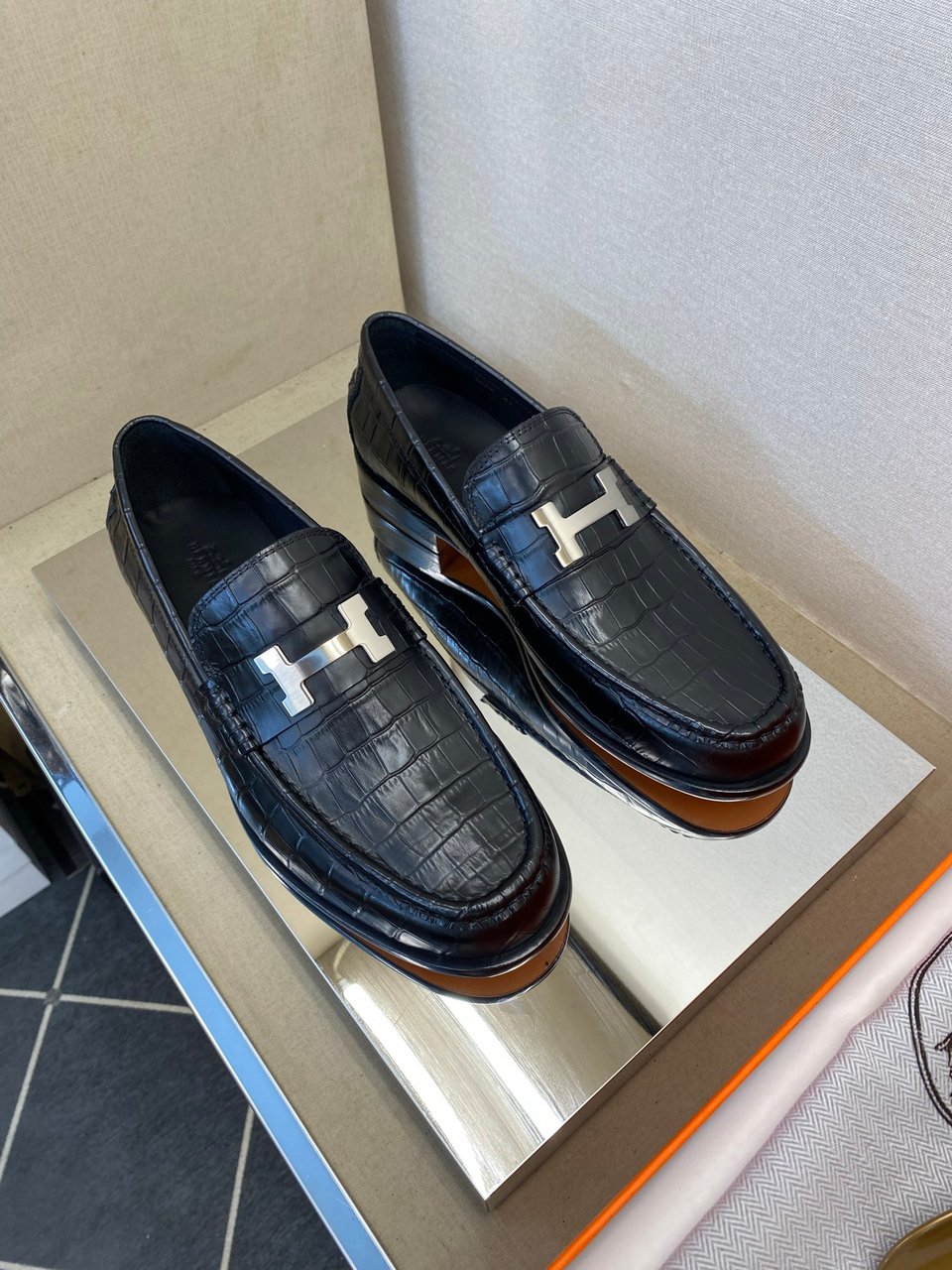Hermès Iconic H Buckle Alligator Leather Loafers Black- Shoes for Men