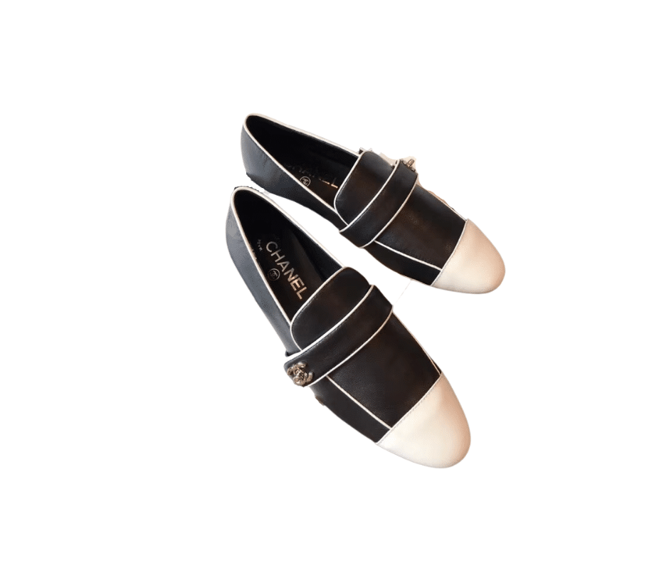 Chanel Leather Cc Cap Toe Slip On Loafers Black view 2