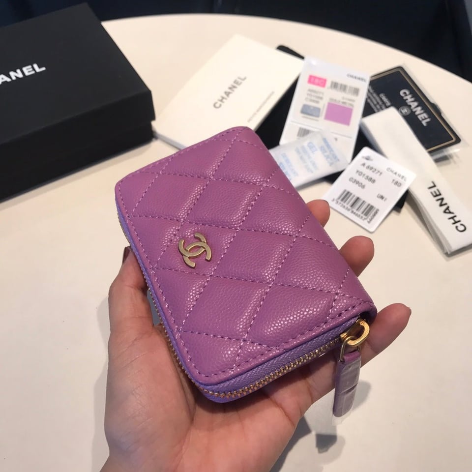 Chanel Zipped Coin Basic Purse 11 Purple Calfskin Gold Icon view 6