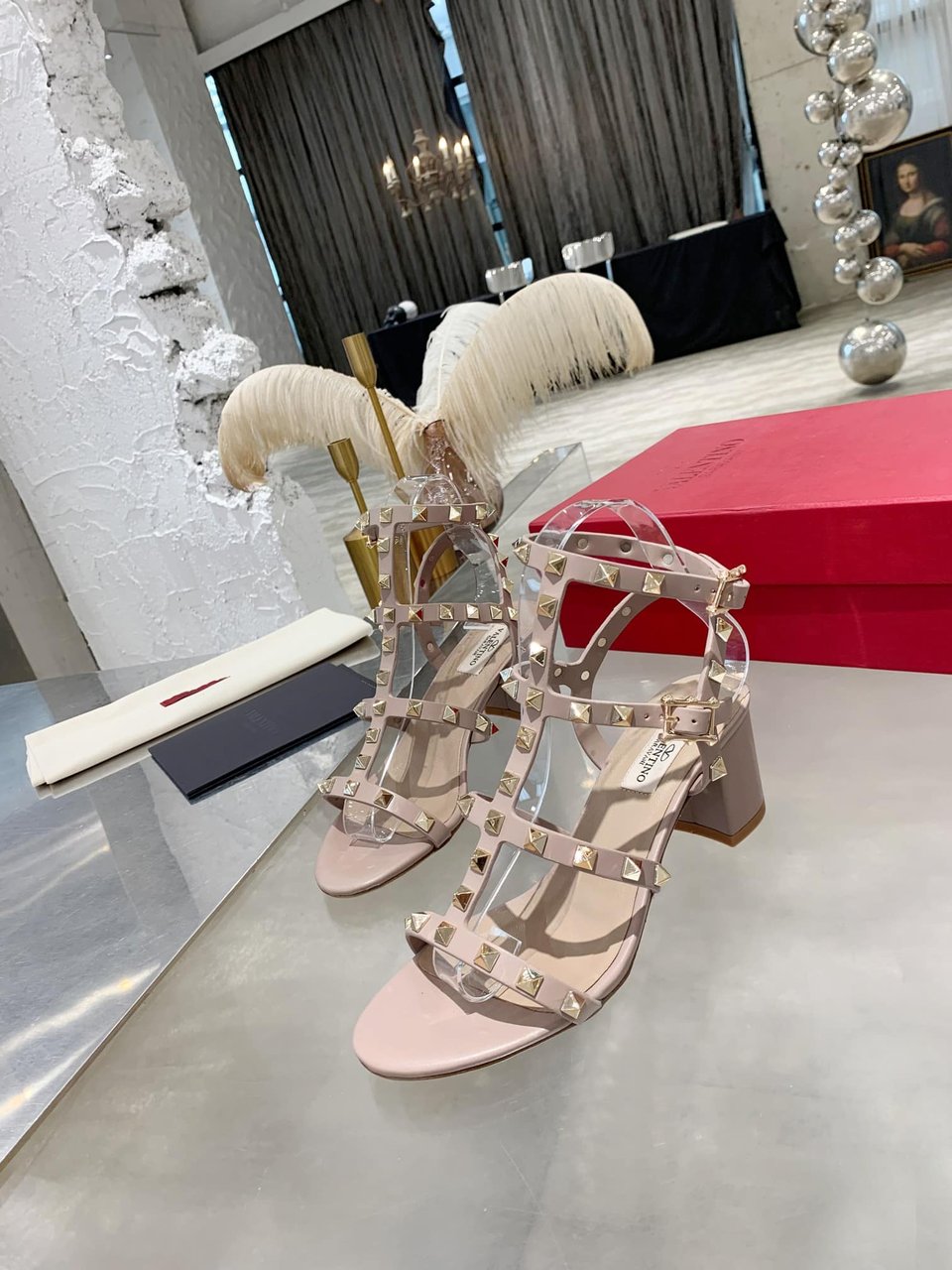 Valentino Garavani Rockstud Leather Sandals Beige view 9