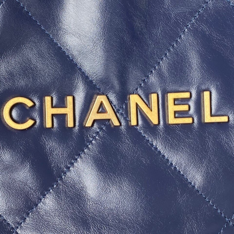 Chanel 22 Small Handbag Shiny Calfskin Blue Gold view 5