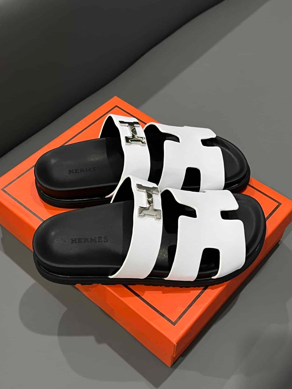 Hermes Chypre Sandal H Logo Silver Hardware White view 6