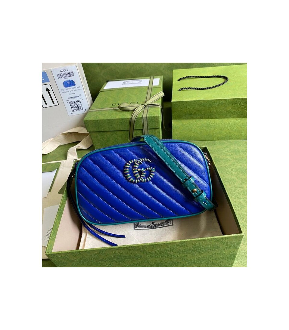 Gucci GG Marmont Small Shoulder Bag Blue and Emerald Leather view 4