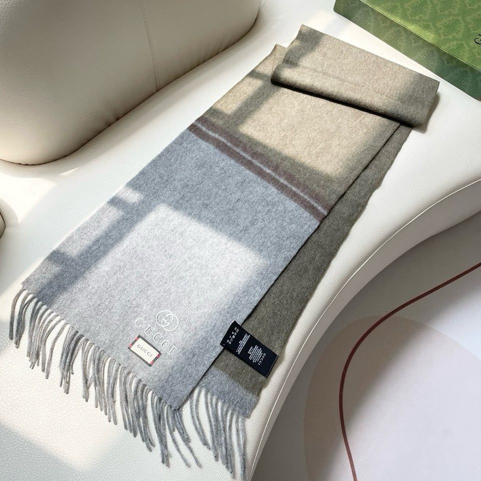 Gucci Cashmere Scarf Colorblock Gray Brown For Women 190cm view 3