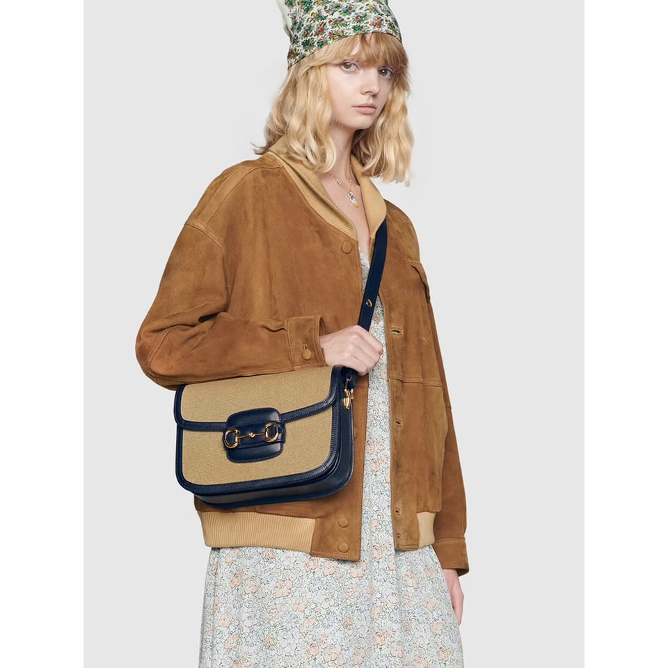 Gucci Horsebit 1955 Small Bag in Beige Canvas view 4