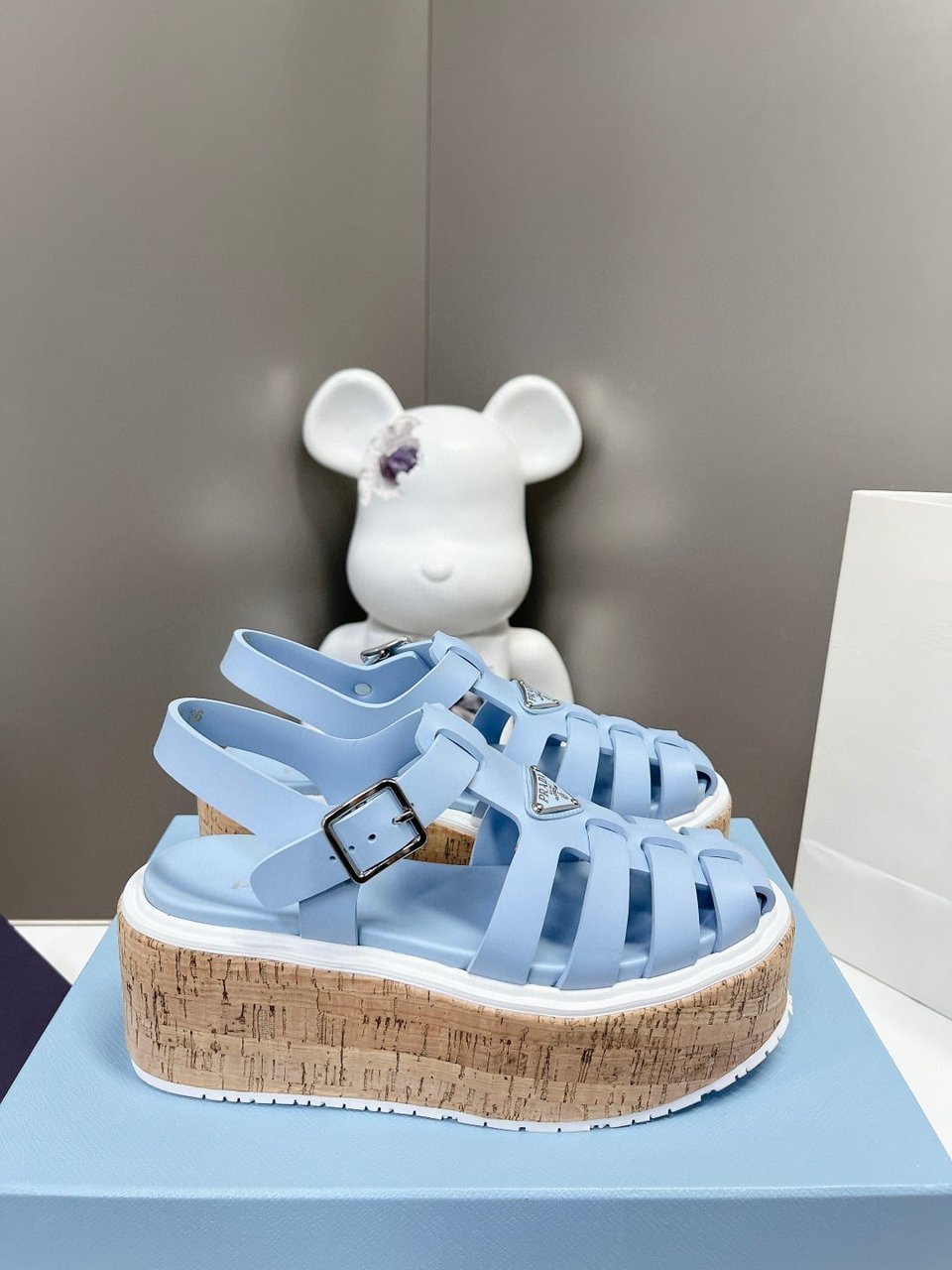 Prada Rubber Wedge Platform Sandals Light Blue view 4