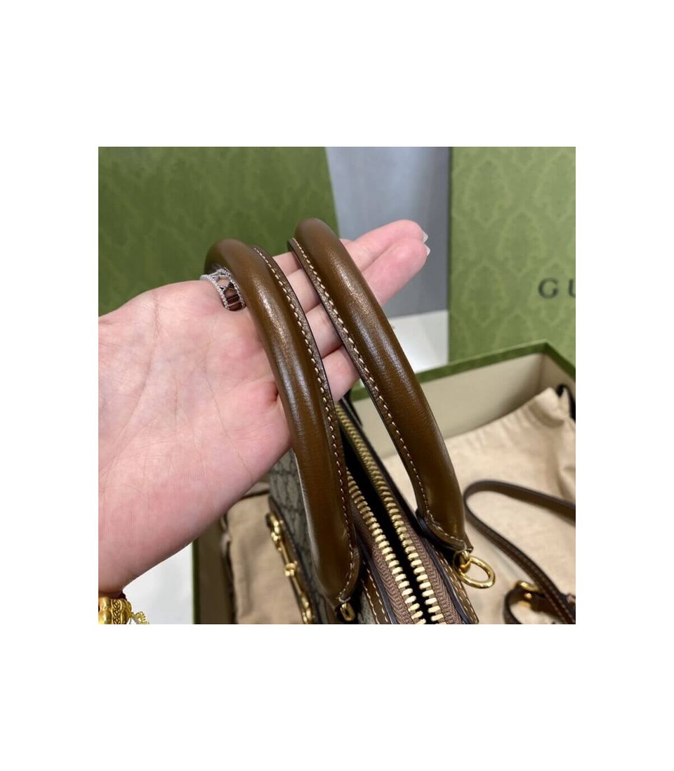 Gucci 1955 Horsebit mall Top Handle Bag In Brown GG Supreme Canvas view 11