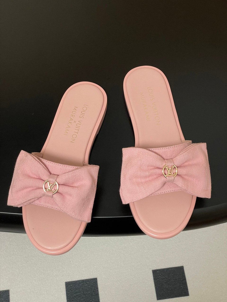Louis Vuitton x Takashi Murakami Lily Flat Mule Bow Slide Sandals Black Canvas 1AGVYA view 3